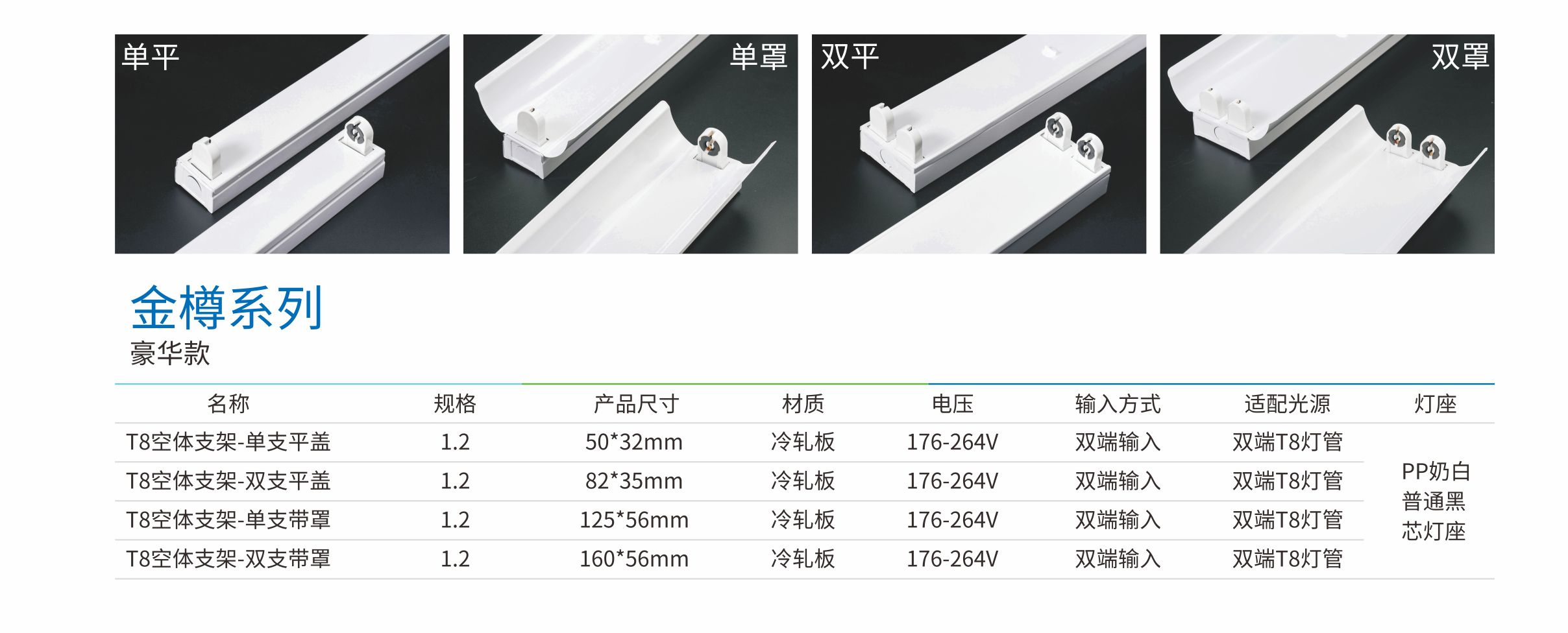 金樽系列T8支架-豪華白色款（雙支平蓋）